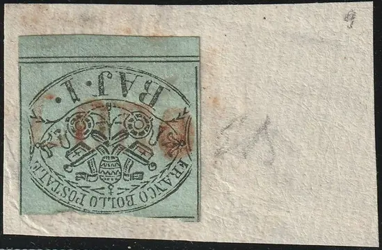 Italiaanse oude staten - Pauselijke Staat 1852 - 1st issue, 2 b. azure green used on cut out with SD red cancellation of Loro, rare, with expert’s - Sassone n.2a