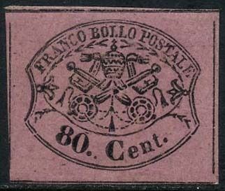 Italiaanse oude staten - Pauselijke Staat 1867 - 80 cents bright lilac pink, imperforated. Intact. - Sassone N. 20