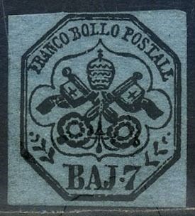 Italiaanse oude staten - Pauselijke Staat 1852 - 7 baj azure with print gone through the back. - Sassone N. 8
