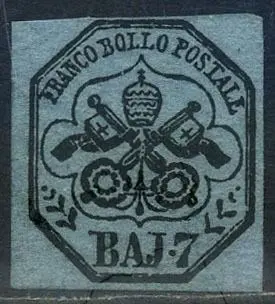 Italiaanse oude staten - Pauselijke Staat 1852 - 7 baj azure with print gone through the back. - Sassone N. 8