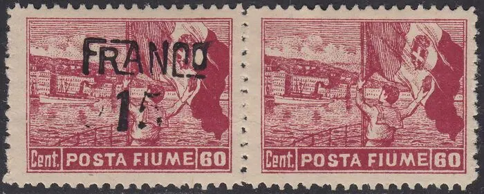 Fiume 1920 - Allegories and views sets, D paper, ‘Franco Fiume’ overprint, 15 c. on 60 c. carmine, pair - Sassone N. D80h