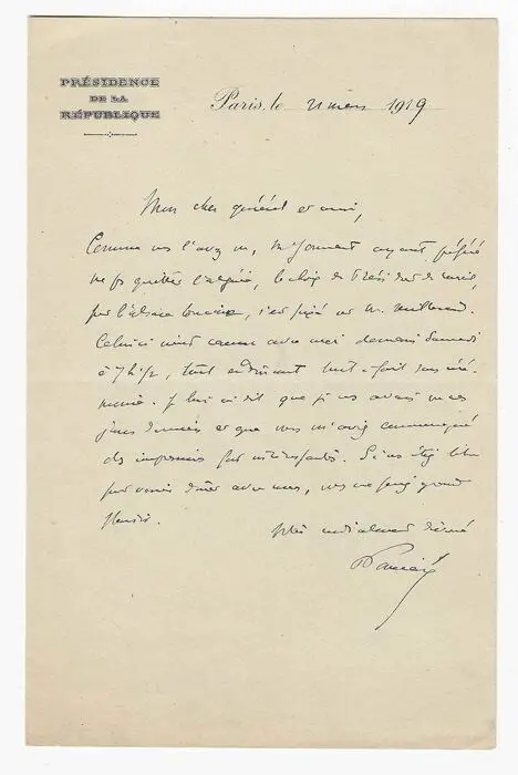Raymond Poincaré - Président de la République française - belle lettre autographe signée - 1919