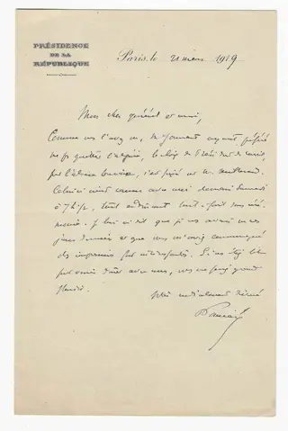 Raymond Poincaré - Président de la République française - belle lettre autographe signée - 1919