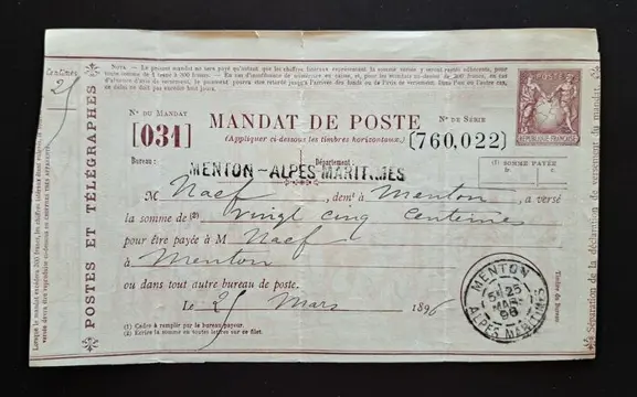 Frankrijk 1896 - Mandat de Poste&nbsp;– Menton Alpes Maritimes