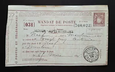 Frankrijk 1896 - Mandat de Poste&nbsp;– Menton Alpes Maritimes