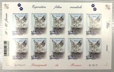 Monaco 2012 - €0.77 Russian Blue Cat, imperforate in sheets of 10, superb and rare - Yvert & Tellier n° 2810