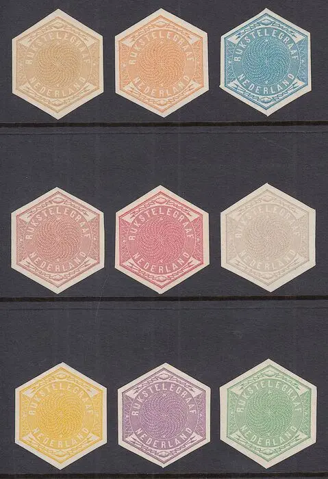 Nederland 1877 - Telegram, complete set ongetande kleurproeven incl. de gekozen kleur - PC T.6a t/m T.6i