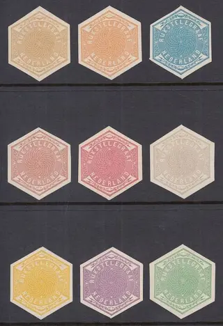 Nederland 1877 - Telegram, complete set ongetande kleurproeven incl. de gekozen kleur - PC T.6a t/m T.6i