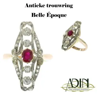 Belle Époque trouwring met diamant en robijn