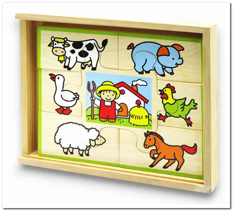 4 Houten puzzels in houten doos - 4 x 7 Stukjes