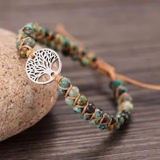 Gevlochten armband met Jade en Levensboom zilverkleurig