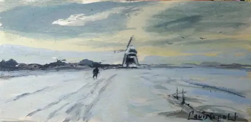 LOUIS APOL " WINTERSCENE" GOUACHE op paneel 19 X 9,5 CM