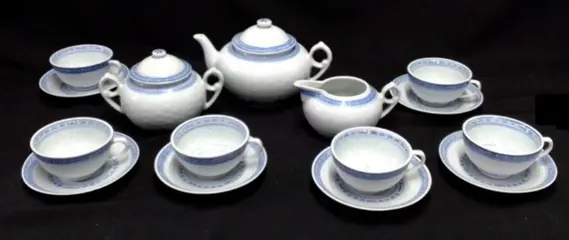 17-dl chinees porcelein theeserv,blauw,rijstkorreldecor,gaaf