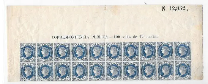 Spanje 1862 - 1862. Isabella II twelve cuartos, block of 20 mint stamps with complete header. Catalogue: €1,800 - Edifil 59