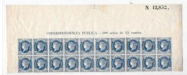 Spanje 1862 - 1862. Isabella II twelve cuartos, block of 20 mint stamps with complete header. Catalogue: €1,800 - Edifil 59