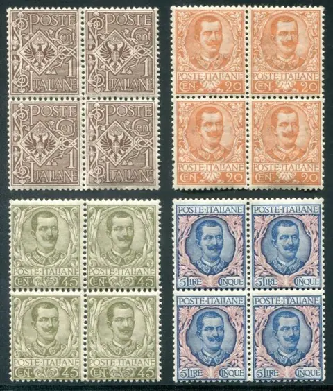 Koninkrijk Italië 1901 - Kingdom ‘Floreale’, four values in block of four - sassone 68-72-75-78