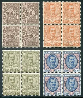 Koninkrijk Italië 1901 - Kingdom ‘Floreale’, four values in block of four - sassone 68-72-75-78