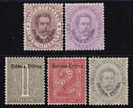 Italiaans Eritrea 1893 - Umberto I, 5 values with very good centring. Intact pieces. - sassone 1/2-7/9