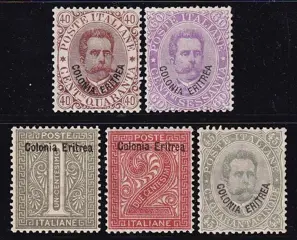 Italiaans Eritrea 1893 - Umberto I, 5 values with very good centring. Intact pieces. - sassone 1/2-7/9