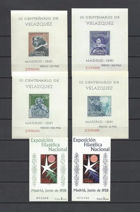 Spanje 1958/1961 - Brussels and Velázquez mini-sheets with the same numbering - Edifil nº 1222/23 + 1344/47.