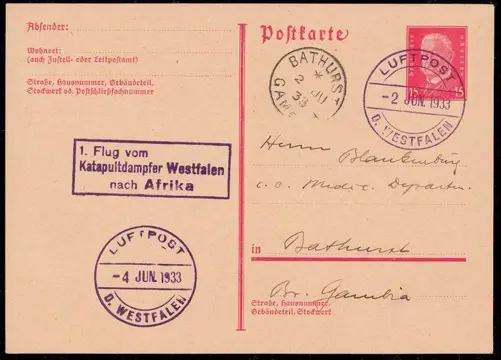 Duitse Rijk 1933 - First catapult post from steamer “Westfalen” to Africa