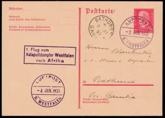 Duitse Rijk 1933 - First catapult post from steamer “Westfalen” to Africa