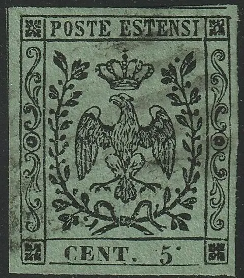 Italiaanse oude staten - Modena 1852 - 5 c. olive green, variety with dot at the top after 5, rare and certified - Sassone n.8b