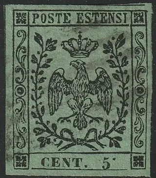 Italiaanse oude staten - Modena 1852 - 5 c. olive green, variety with dot at the top after 5, rare and certified - Sassone n.8b