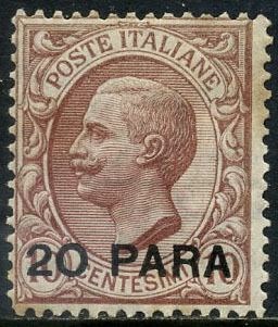 Levant (Italiaanse postkantoren van 1874 tot 1923) 1908 - Constantinople 20 para on 10 cents. With certificate. - Sassone N. 2