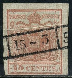 Italiaanse oude staten - Lombardije Venetië 1851 - 15 cents with vertically ribbed paper. Bellows fold prior to the print. With certificate. - Sassone N. 15a