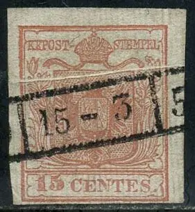 Italiaanse oude staten - Lombardije Venetië 1851 - 15 cents with vertically ribbed paper. Bellows fold prior to the print. With certificate. - Sassone N. 15a