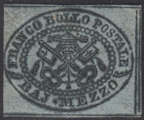 Italiaanse oude staten - Pauselijke Staat 1852 - I emissione 1/2 baj grigio azzurro nuovo con gomma - Sassone N. 1a