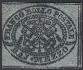 Italiaanse oude staten - Pauselijke Staat 1852 - I emissione 1/2 baj grigio azzurro nuovo con gomma - Sassone N. 1a