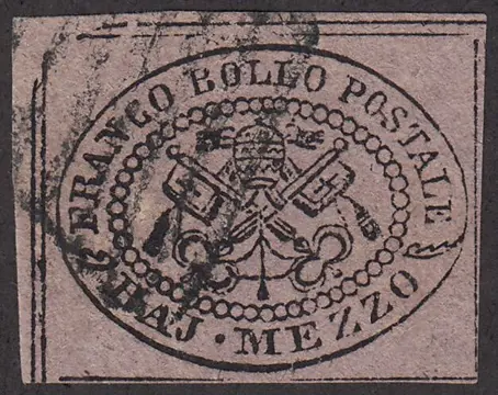 Italiaanse oude staten - Pauselijke Staat 1852 - I emissione 1/2 baj violetto grigiastro carta a macchina - Sassone N. 1A