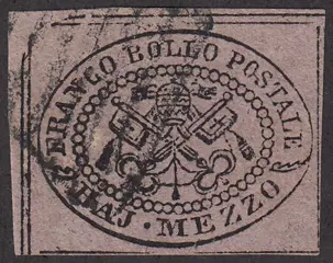 Italiaanse oude staten - Pauselijke Staat 1852 - I emissione 1/2 baj violetto grigiastro carta a macchina - Sassone N. 1A