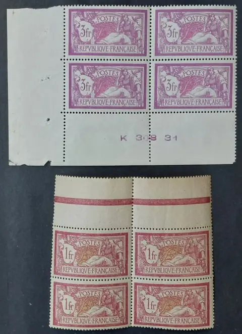 Frankrijk 1900/31 - Merson, selection of 2 stamps in blocks of 4 - Yvert 121 et 240