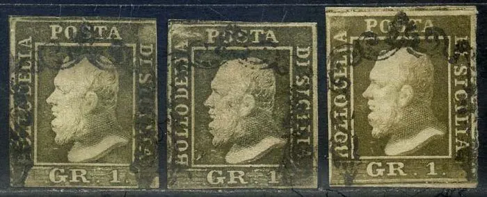 Italiaanse oude staten - Sicilië 1859 - Ferdinand II, 1 grano 2nd plate, Naples paper. 3 colours. - Sassone N. 4b/e