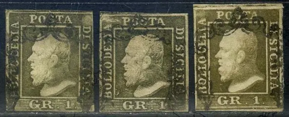 Italiaanse oude staten - Sicilië 1859 - Ferdinand II, 1 grano 2nd plate, Naples paper. 3 colours. - Sassone N. 4b/e