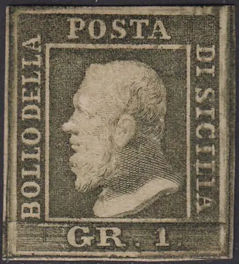 Italiaanse oude staten - Sicilië 1859 - Effigie di Ferdinando II di Borbone, gr. 1 verde oliva III tavola carta di Palermo - Sassone N. 5