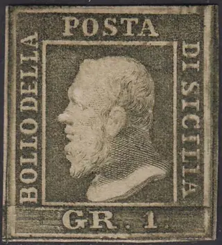 Italiaanse oude staten - Sicilië 1859 - Effigie di Ferdinando II di Borbone, gr. 1 verde oliva III tavola carta di Palermo - Sassone N. 5