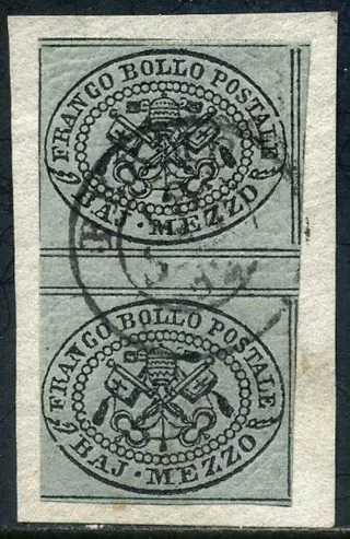 Italiaanse oude staten - Pauselijke Staat 1852 - 1 baj grey. Vertical pair with gutter margin on cut out. - Sassone N. 1