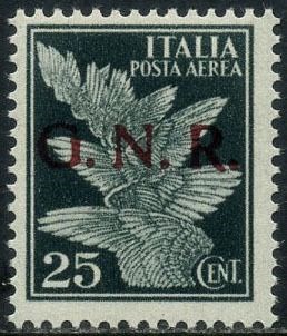 Italië 1944 - RSI – 25 cents airmail with red overprint and black offset on the back. With certificate - Sassone A 117