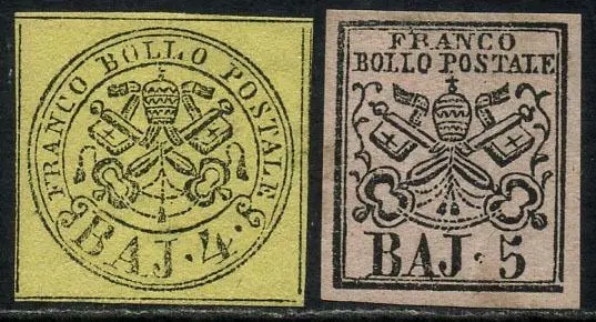 Italiaanse oude staten - Pauselijke Staat 1852 - 4 baj yellow with complete framing lines and 5 baj with regular margins. Beautiful - Sassone N. 5A - 6A