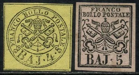 Italiaanse oude staten - Pauselijke Staat 1852 - 4 baj yellow with complete framing lines and 5 baj with regular margins. Beautiful - Sassone N. 5A - 6A