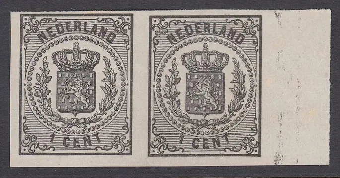 Nederland 1869 - Rijkswapen, kleurproef in de gekozen kleur in horizontaal randpaar - PC 74a (2x)