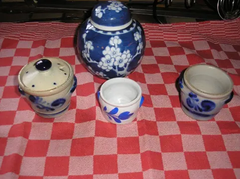 Mosterd potjes , 4 stuks - z.g.a.n. - 12,-