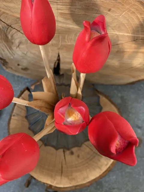 TULP AARDEWERK OP HOUTEN STEEL ROOD NIEUW