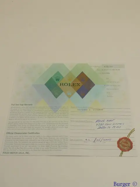 Rolex Warranty Certificate Ref: 16203