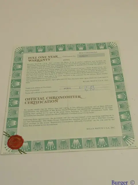 Rolex Warranty Certificate Ref: 69173