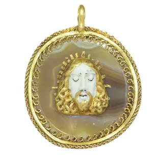 Renaissance Devotional Pendant, ca. 1580  Christ in Enamel on Banded Agate